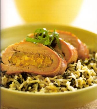 Pork Fillets with Kumara and Apple Stuffing, and Rice and Spinach Pilaf