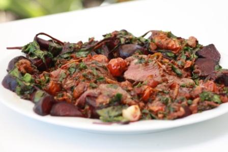 GRILLED AND ROASTED VENISON WITH GARLIC, BEETROOT AND WARM BACON VINAIGRETTE