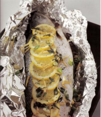 Whole Baked Salmon, Stuffed with Lemon, Ginger, Onion and Mint